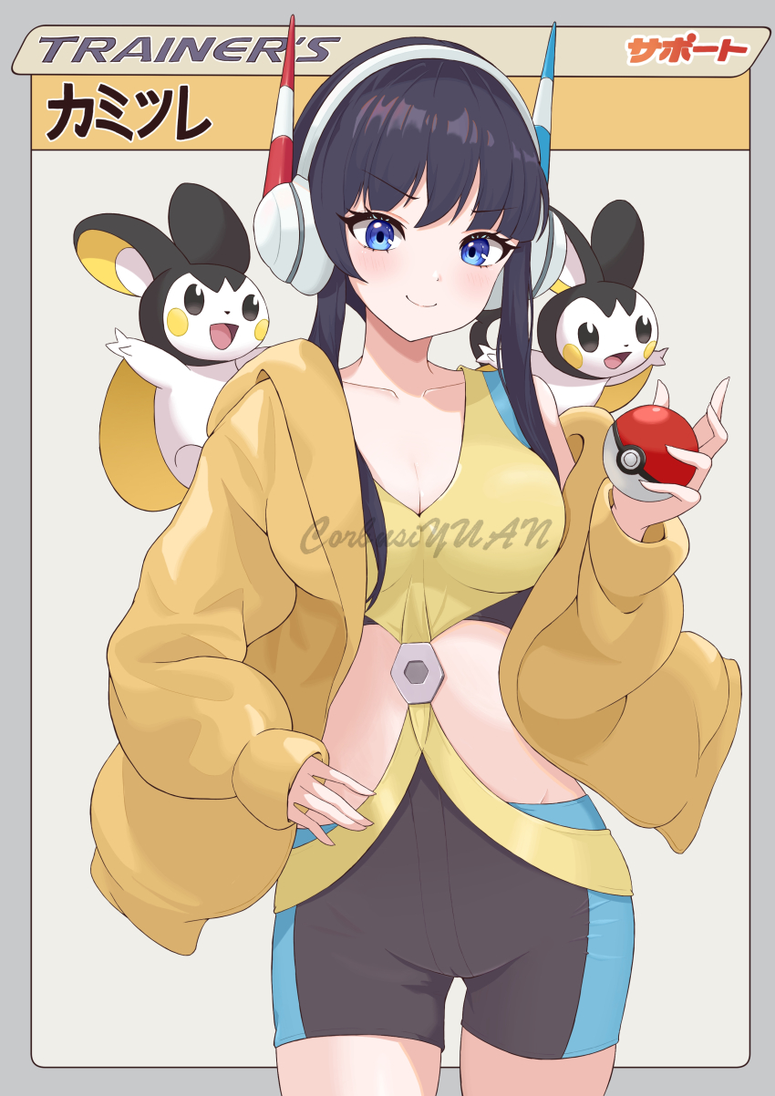 1girl absurdres bike_shorts black_hair blue_eyes buckle character_name closed_mouth commentary_request corbusiyuan elesa_(pokemon) emolga gen_5_pokemon hand_on_own_hip hand_up headphones highres holding holding_poke_ball jacket long_sleeves nintendo open_clothes open_jacket outside_border poke_ball poke_ball_(basic) pokemon pokemon_(creature) pokemon_bw2 pokemon_tcg short_hair_with_long_locks sidelocks smile watermark yellow_jacket