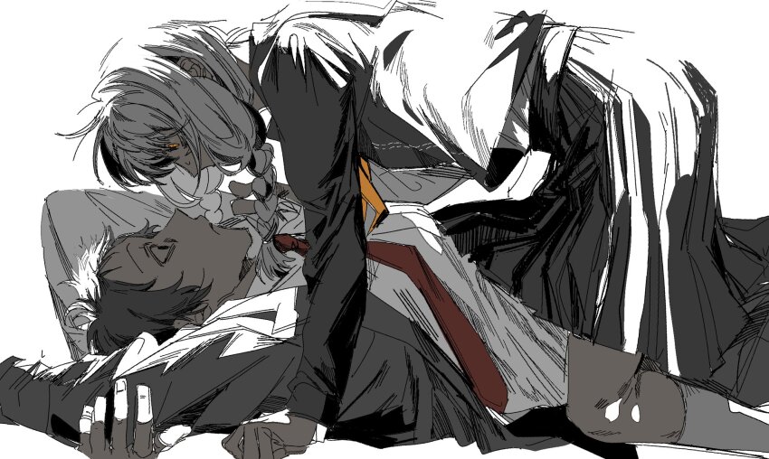 192_saioma 2boys adachi_tooru black_hair black_jacket black_skirt braid closed_mouth crossdressing from_side grey_hair highres jacket kneehighs long_sleeves lying male_focus multiple_boys narukami_yu necktie on_back orange_eyes persona persona_4 profile red_necktie sailor_collar school_uniform serafuku shirt simple_background skirt socks straddling sweat trap twin_braids white_background white_shirt white_socks yaoi