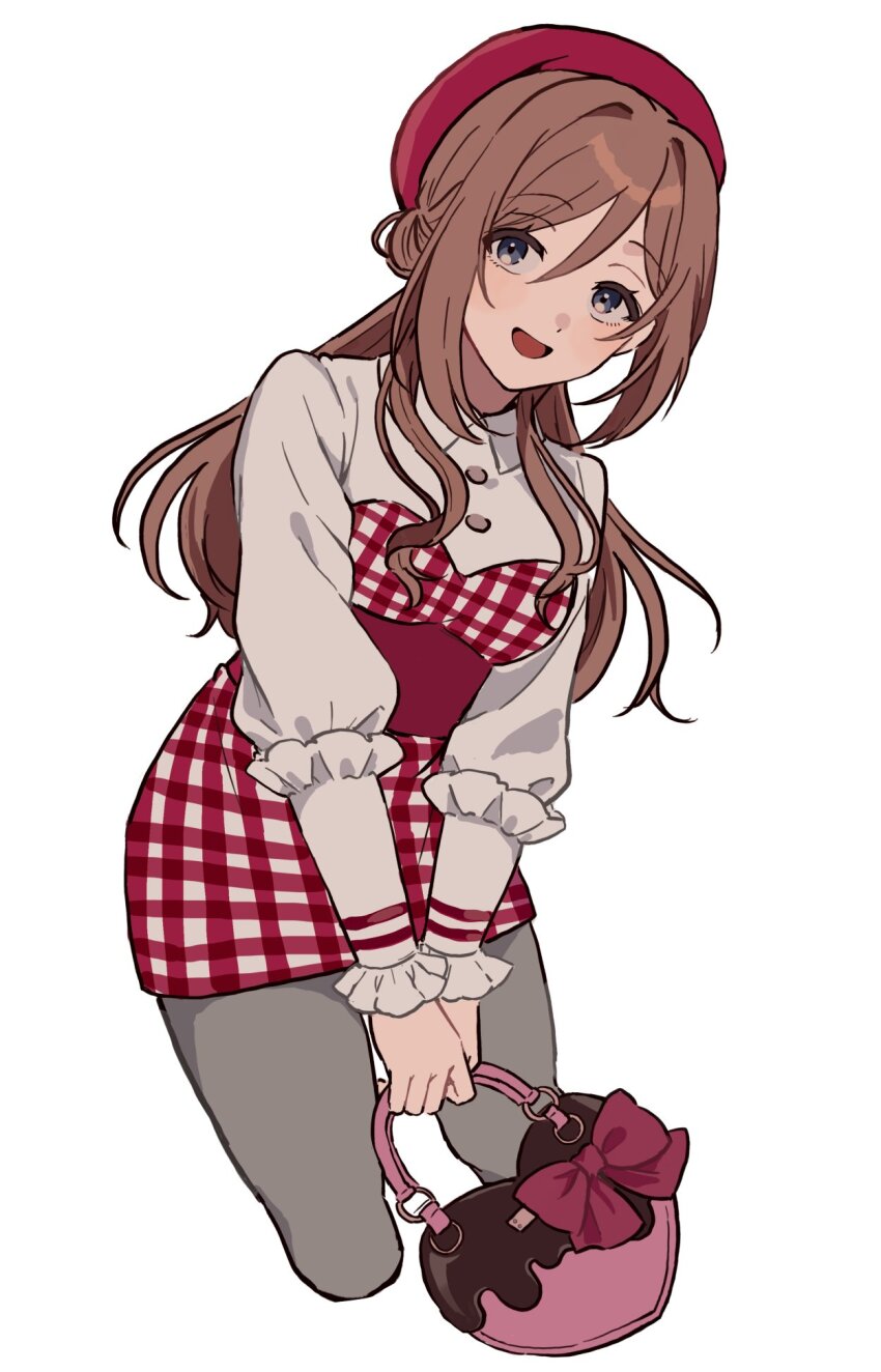 1girl bag bag_bow blue_eyes blush bow breasts brown_hair cowboy_shot cropped_legs dot_nose dress gakuen_idolmaster grey_pantyhose hat heart-shaped_bag highres himesaki_rinami holding holding_bag idolmaster large_breasts leaning_forward long_hair long_sleeves looking_at_viewer miniskirt open_mouth pantyhose pencil_skirt pink_bow plaid_clothes plaid_dress red_dress simple_background skirt smile solo two-tone_dress white_background white_dress yureru_300