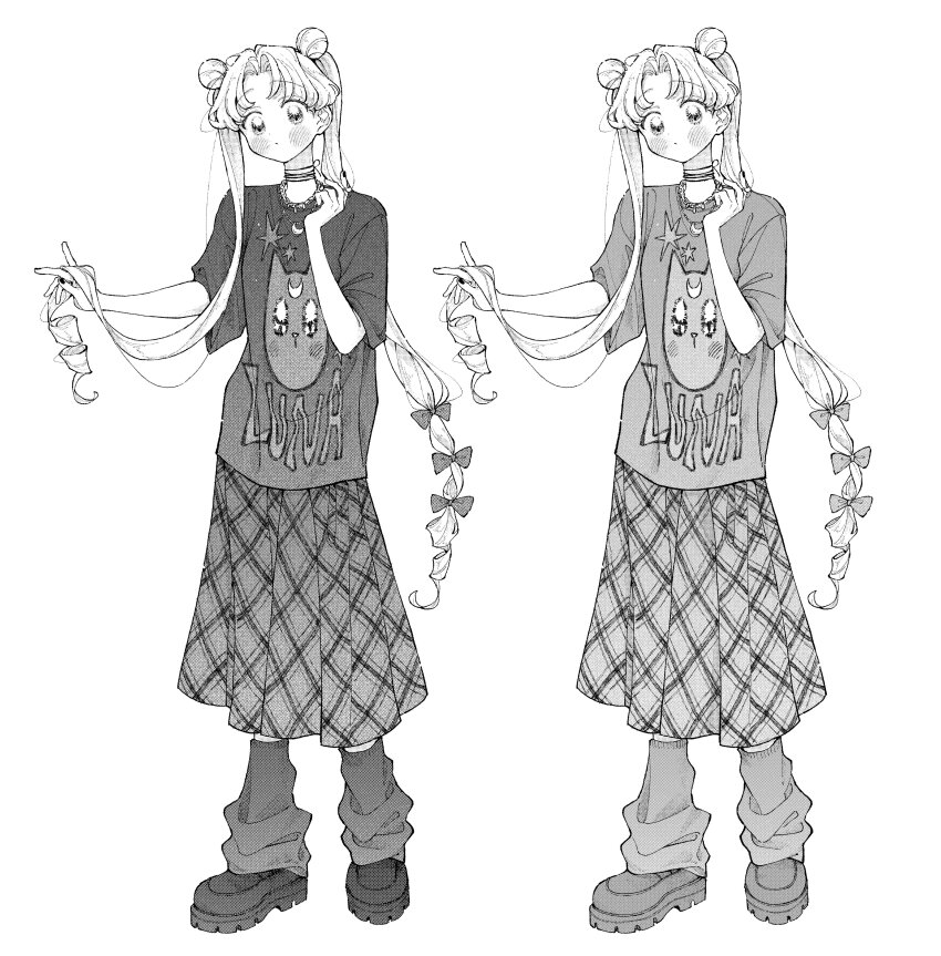 1girl absurdres alternate_costume bishoujo_senshi_sailor_moon black_nails blush bow double_bun full_body greyscale hair_bow hair_bun hand_in_own_hair highres loafers long_hair long_skirt looking_at_viewer loose_socks luna_(sailor_moon) monochrome multi-tied_hair multiple_views nail_polish neginoaoitokoro oversized_clothes parted_bangs plaid_clothes plaid_skirt pleated_skirt print_shirt screentones shirt shoes skirt socks string_choker t-shirt tsukino_usagi twintails white_background