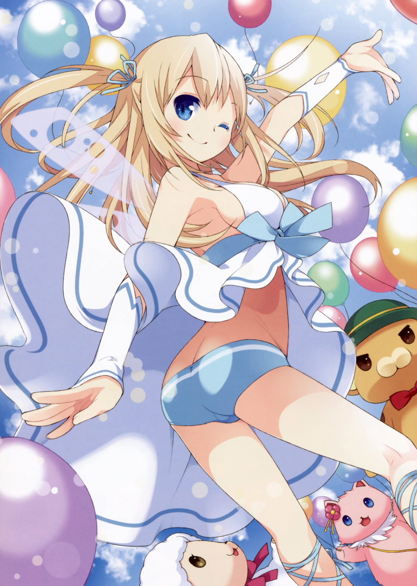 10s 1girl :d ;) absurdres amagi_brilliant_park aqua_ribbon arm_up ass balloon blue_eyes blue_panties breasts brown_eyes cameltoe detached_sleeves dress floating_hair green_hat hair_ribbon hat highres huge_filesize light_brown_hair long_hair looking_at_viewer macaron_(amaburi) matsuda98 medium_breasts moffle neck_ribbon official_art one_eye_closed open_mouth panties red_ribbon ribbon sideboob smile sylphy_(amaburi) tiramii two_side_up underwear white_dress