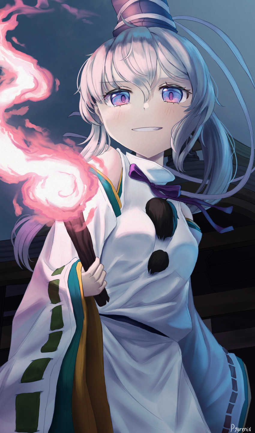 1girl absurdres blue_eyes breasts gradient_eyes grey_background grey_hair hat highres holding holding_torch japanese_clothes kariginu long_sleeves mononobe_no_futo multicolored_eyes pom_pom_(clothes) pygrenix ribbon-trimmed_sleeves ribbon_trim small_breasts solo tate_eboshi torch touhou wide_sleeves
