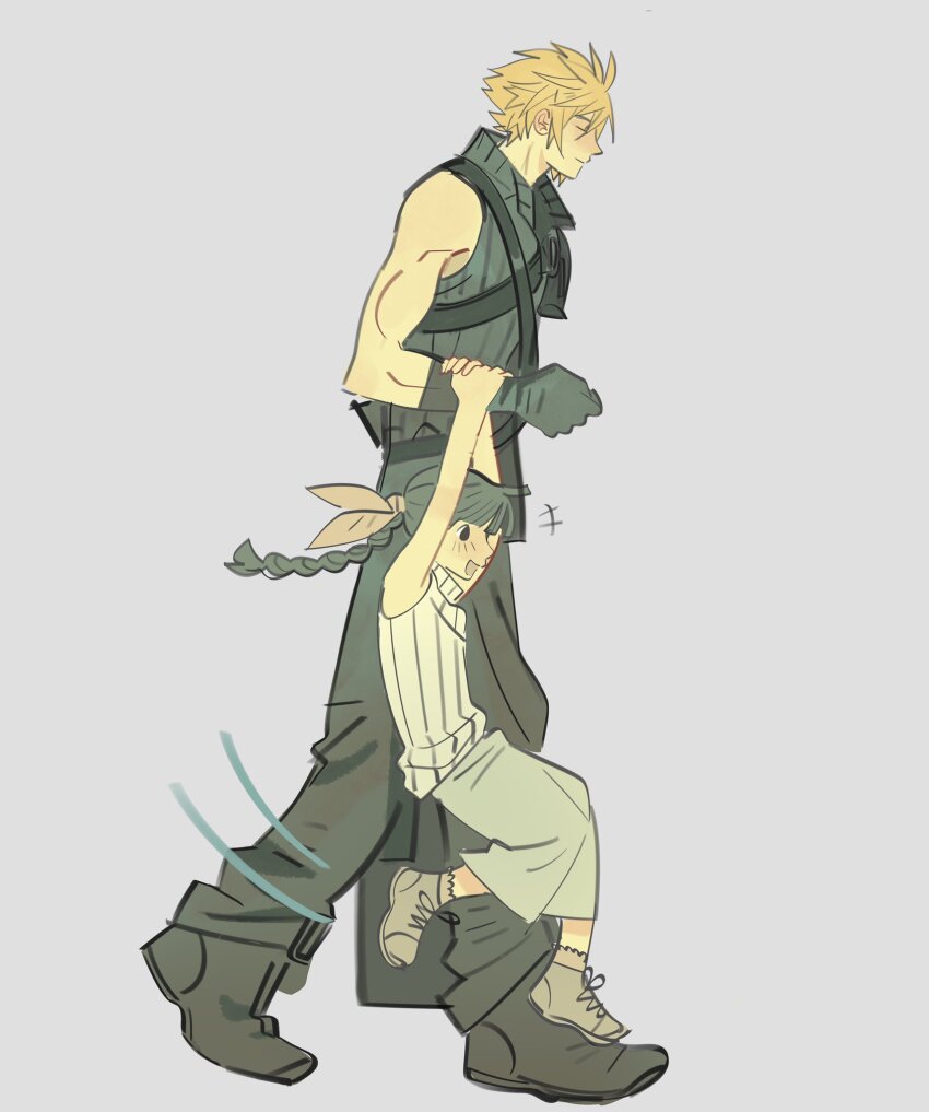 1boy 1girl armor black_footwear black_gloves black_pants blonde_hair blunt_bangs blush brown_hair chest_strap child closed_eyes cloud_strife facing_to_the_side final_fantasy final_fantasy_vii final_fantasy_vii_advent_children full_body gloves grey_background grey_footwear grey_skirt grey_vest hair_between_eyes hair_ribbon hanging_on_arm highres light_smile long_hair marlene_wallace mmmckayyy open_mouth pants pauldrons pink_ribbon popped_collar ribbon short_hair shoulder_armor single_bare_shoulder single_pauldron skirt sleeveless sleeveless_turtleneck smile spiked_hair turtleneck vest waist_cape walking
