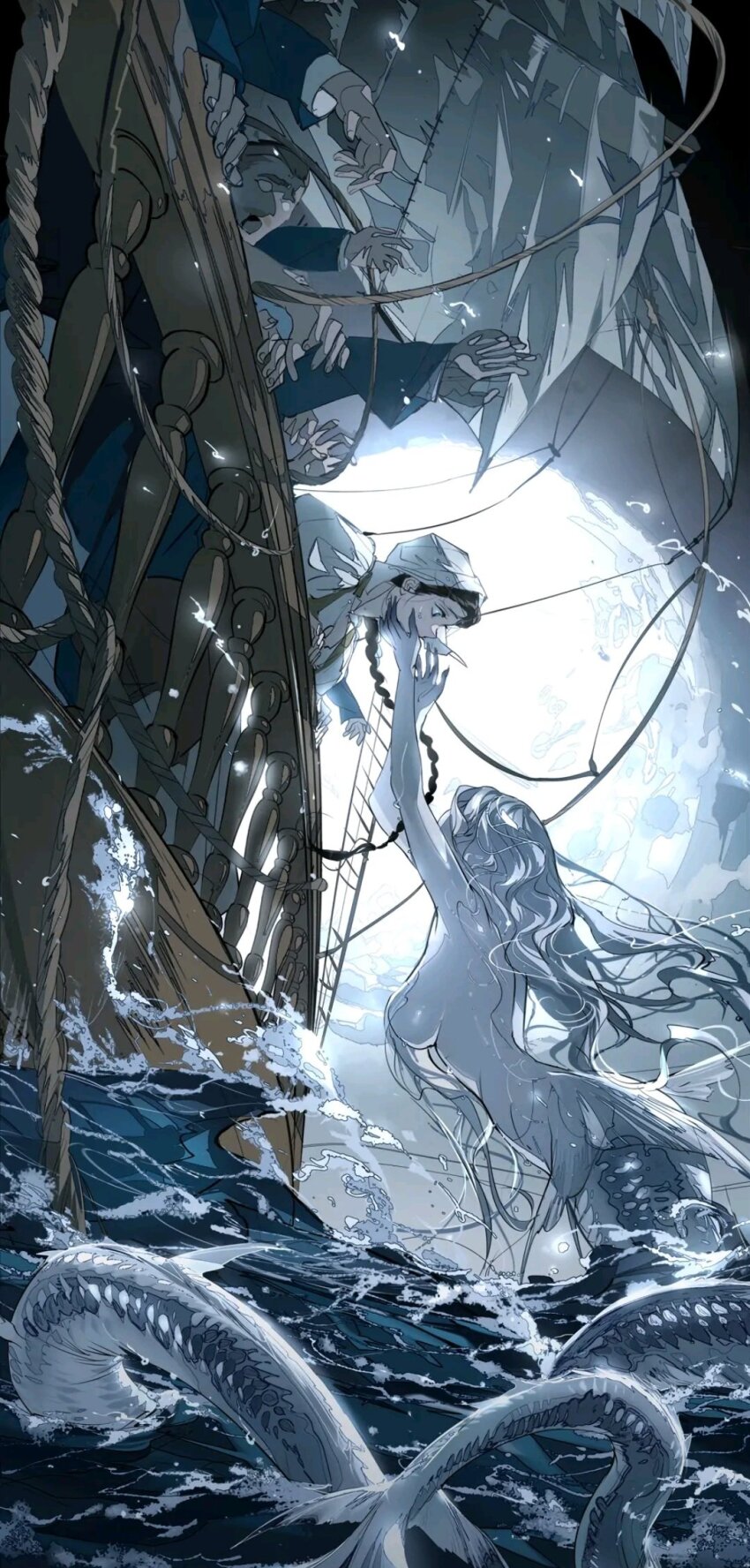 2girls breasts highres mermaid monster_girl multiple_girls nude ocean original second-party_source ship watercraft