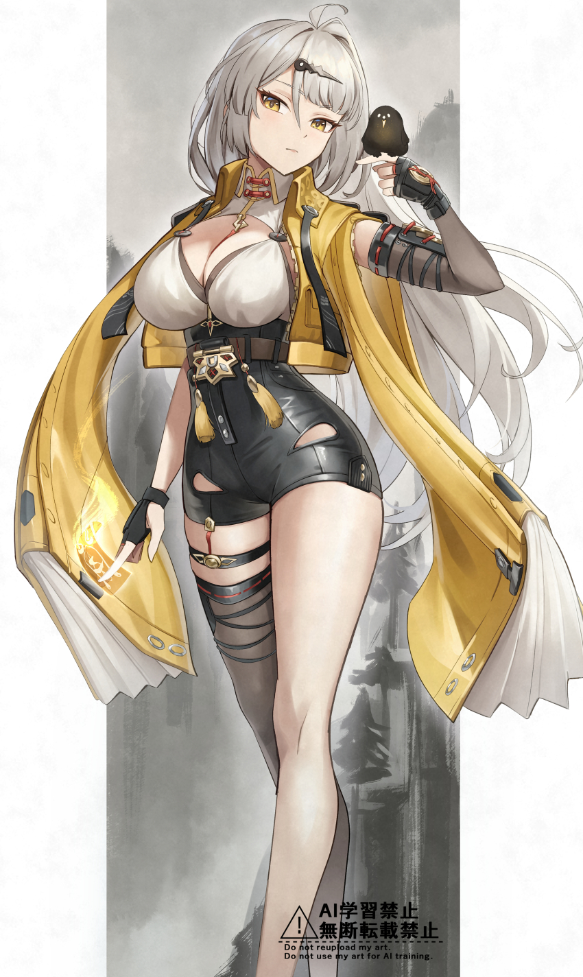 1girl absurdres ahoge asymmetrical_gloves bird bird_on_hand black_bird black_gloves black_shorts black_thighhighs breasts cleavage closed_mouth collared_shirt commentary_request cropped_jacket cyclone_tarou fingerless_gloves gloves hair_between_eyes hand_up high-waist_shorts highres holding_ofuda jacket large_breasts long_hair looking_at_viewer pillarboxed shirt shorts single_thighhigh solo standing tassel thigh_strap thighhighs thighs uneven_gloves very_long_hair watermark white_background white_hair white_shirt yellow_eyes yellow_jacket yixuan_(zenless_zone_zero) zenless_zone_zero