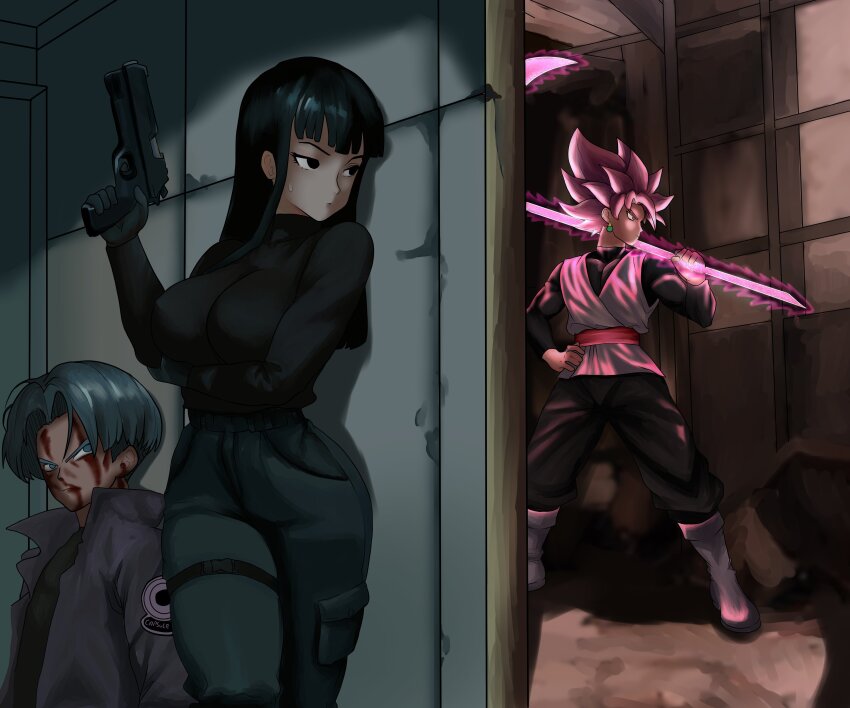 1girl 2boys absurdres black_eyes black_hair blood blood_on_face blue_eyes blue_hair breasts couple dragon_ball dragon_ball_super goku_black gun highres injury long_hair mai_(future)_(dragon_ball) multiple_boys pink_eyes pink_hair protecting serious super_saiyan super_saiyan_rose thick_thighs thighs trunks_(dragon_ball) trunks_(future)_(dragon_ball) weapon