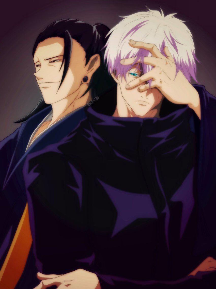 2boys black_hair blue_eyes getou_suguru gojou_satoru hair_bun hand_on_another&#039;s_face highres jacket japanese_clothes jujutsu_kaisen kimono long_hair long_sleeves looking_to_the_side male_focus multiple_boys nala1588 plug_(piercing) sad short_hair smirk white_hair yaoi