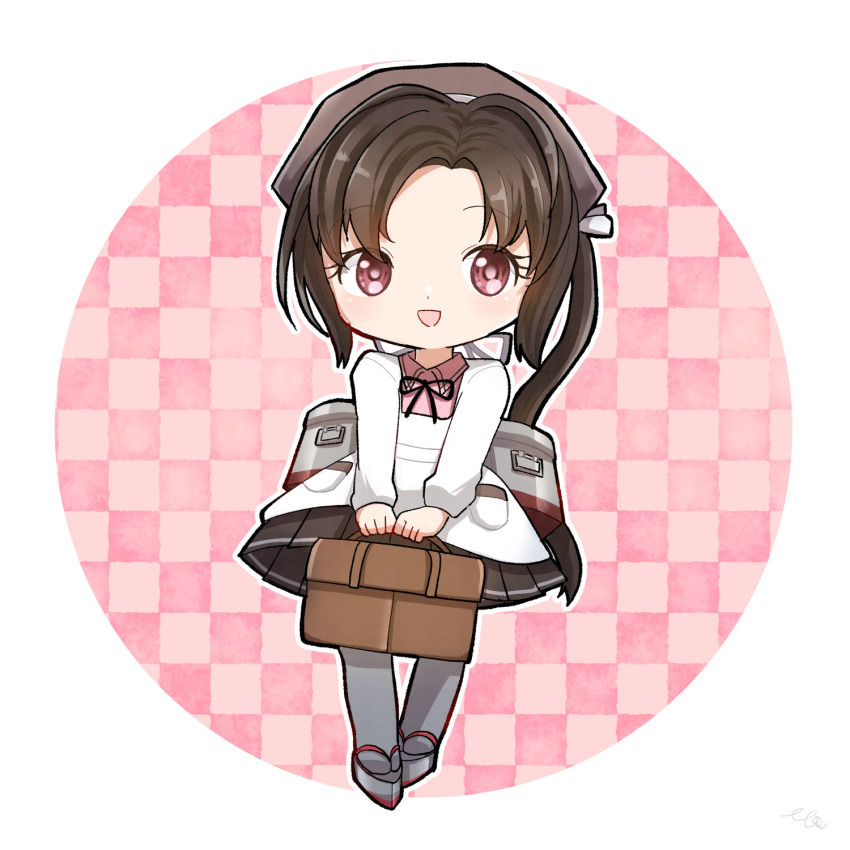 1girl apron black_hair black_skirt checkered_background full_body highres kantai_collection kappougi long_hair lunchbox machinery mnanao0729 nankai_(kancolle) nosaki_(kancolle) pink_background pleated_skirt ponytail red_eyes skirt smile solo