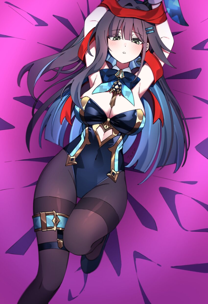 1girl abigail_(black_survival) abigail_(poker_face)_(black_survival) absurdres armpits arms_up bare_arms bare_shoulders bed_sheet belt black_hair black_leotard black_shoes black_survival blue_hair bound bound_wrists bow bowtie breasts brown_pantyhose cleavage covered_navel cutout_above_navel detached_collar eternal_return:_black_survival expressionless gold_trim green_eyes hair_ornament hairclip highleg highleg_leotard highres knee_up large_breasts leotard long_hair looking_at_viewer lying multicolored_hair multicolored_leotard official_alternate_costume on_back one_side_up pantyhose parted_lips red_ribbon ribbon shoes solo streaked_hair taenyaki thigh_belt thigh_strap thighband_pantyhose two-tone_hair two-tone_leotard