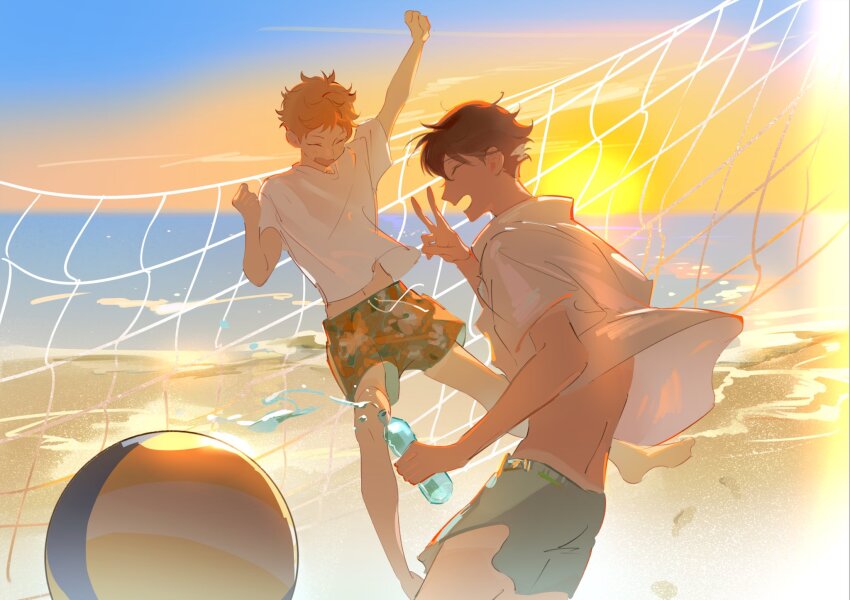 2boys ^_^ arm_up ball barefoot beach blue_shorts bottle brown_hair camouflage camouflage_shorts clenched_hands closed_eyes collared_shirt commentary drink fandangyu haikyuu!! hashtag-only_commentary highres hinata_shouyou holding holding_bottle jumping male_focus midriff_peek multiple_boys navel ocean oikawa_tooru_(haikyuu!!) open_mouth orange_hair outdoors popped_collar shirt short_hair short_sleeves shorts sky sparkle sun sunset v volleyball_(object) volleyball_net water white_shirt