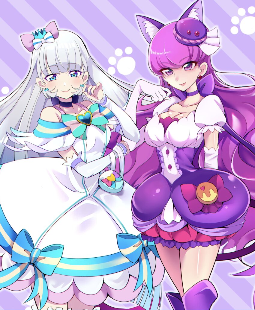 2girls absurdres animal_ears aqua_hairband blue_choker blue_crown blue_eyes blue_hairband bow bow_choker bow_legwear breasts brooch cat_ears cat_tail choker cleavage crown crown_earrings cure_macaron cure_nyammy dress dress_bow earrings elbow_gloves extra_ears food food-themed_hair_ornament gloves hair_bow hair_ornament hairband hat_ornament heart heart_brooch heart_hat_ornament highres in-franchise_crossover jewelry kirakira_precure_a_la_mode kotozume_yukari long_hair looking_at_viewer macaron macaron_hair_ornament magical_girl medium_breasts mini_crown mitsuki_tayura multicolored_bow multiple_girls nekoyashiki_yuki paw_print pom_pom_(clothes) pom_pom_earrings precure purple_background purple_choker purple_eyes purple_hair purple_tail ribbon_choker small_breasts smile tail tilted_headwear trait_connection white_arm_warmers white_dress white_gloves white_hair wonderful_precure!