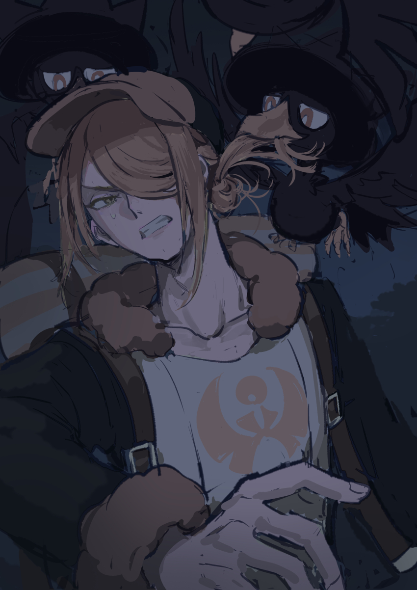 1boy arm_up backpack bag beak belt_buckle blonde_hair buckle newsboy_cap clenched_teeth elemoncake fur-trimmed_collar fur-trimmed_sleeves fur_trim gen_2_pokemon ginkgo_guild_uniform hair_in_another&#039;s_mouth hair_over_one_eye hat highres long_sleeves male_focus murkrow nintendo pokemon pokemon_(creature) pokemon_legends:_arceus red_eyes solo teeth upper_body volo_(pokemon) yellow_eyes
