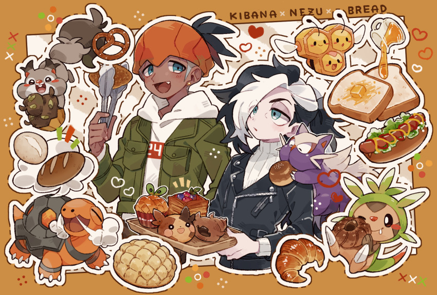 2boys :d alternate_costume applin black_hair black_jacket blue_eyes blush border bread character_name chespin combee commentary_request croissant dark-skinned_male dark_skin earrings eyeshadow fang food gen_3_pokemon gen_4_pokemon gen_6_pokemon gen_8_pokemon green_jacket grey_eyeshadow hair_over_one_eye hand_up headband heart highres holding holding_tray honey hot_dog jacket jewelry long_hair makeup male_focus melon_bread morpeko morpeko_(full) multicolored_hair multiple_boys nintendo open_clothes open_jacket open_mouth orange_headband outline piers_(pokemon) pokemon pokemon_(creature) pokemon_swsh pretzel raihan_(pokemon) saku_anna short_hair skwovet smile stunky sweater tongue torkoal tray two-tone_hair undercut white_hair white_sweater