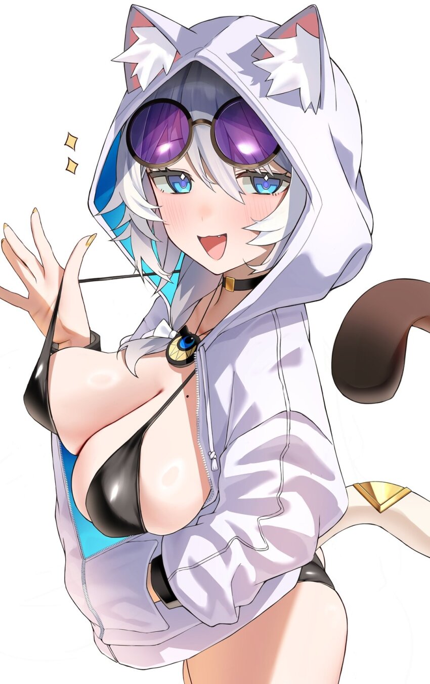 1girl animal_ears bikini black_bikini black_choker blue_eyes breasts cat_ears cat_girl cat_tail choker cipher_(honkai:_star_rail) commentary eyewear_on_head grey_hair highres honkai:_star_rail honkai_(series) large_breasts large_pectorals looking_at_viewer mole mole_on_breast nidaime_(doronbo) pectorals short_hair_with_long_locks simple_background solo sunglasses swimsuit symbol-only_commentary tail white_background white_hood
