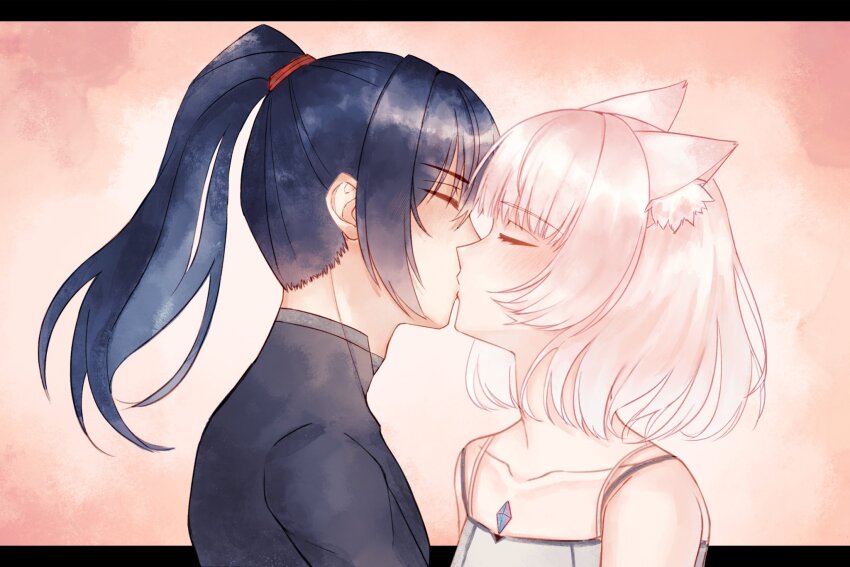 1boy 1girl animal_ear_fluff animal_ears aqing_1229 black_hair cat_ears cat_girl closed_eyes collarbone commentary_request couple high_ponytail highres kiss korean_commentary letterboxed long_hair medium_hair mio_(xenoblade) noah_(xenoblade) outside_border ponytail white_hair xenoblade_chronicles_(series) xenoblade_chronicles_3