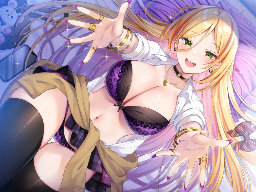 1girl animal_print bag bed black_bra black_panties black_thighhighs blonde_hair blush bra bracelet breasts brown_car car cardigan cardigan_around_waist cellphone choker cleavage clothes_around_waist clothes_lift collarbone ear_piercing earrings green_eyes gyaru hair_between_eyes highres indoors iphone jewelry koyama_sao leopard_print long_hair long_sleeves lying motor_vehicle navel necklace on_back on_bed open_clothes open_mouth open_shirt original outstretched_arms panties phone piercing pillow pleated_skirt purple_bra purple_nails purple_panties purple_skirt ring school_bag school_uniform shirt sidelocks skirt skirt_lift smartphone smile solo stuffed_animal stuffed_toy teeth thighhighs two-tone_bra two-tone_panties underwear upper_teeth_only very_long_hair white_shirt wide_hips