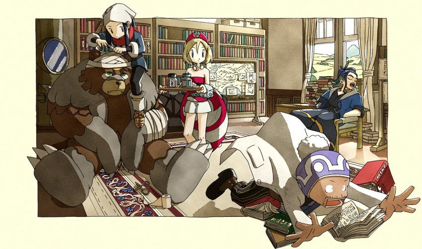 2boys 2girls adaman_(pokemon) akari_(pokemon) bandages beanie black_pantyhose black_shirt blonde_hair book bottle brown_footwear chair commentary_request curtains dark-skinned_male dark_skin day facial_hair falling grey_jacket grey_skirt hairband hat headscarf holding holding_tray indoors irida_(pokemon) jacket knees lab_coat professor_laventon loose_socks map mountain multiple_boys multiple_girls nintendo open_mouth pants pantyhose pokemon pokemon_(creature) pokemon_legends:_arceus pokeyugami purple_headwear red_shirt retro_artstyle sash shirt shoes shorts sitting skirt socks strapless strapless_shirt teeth tongue tray ursaluna white_headscarf white_headwear white_shorts window