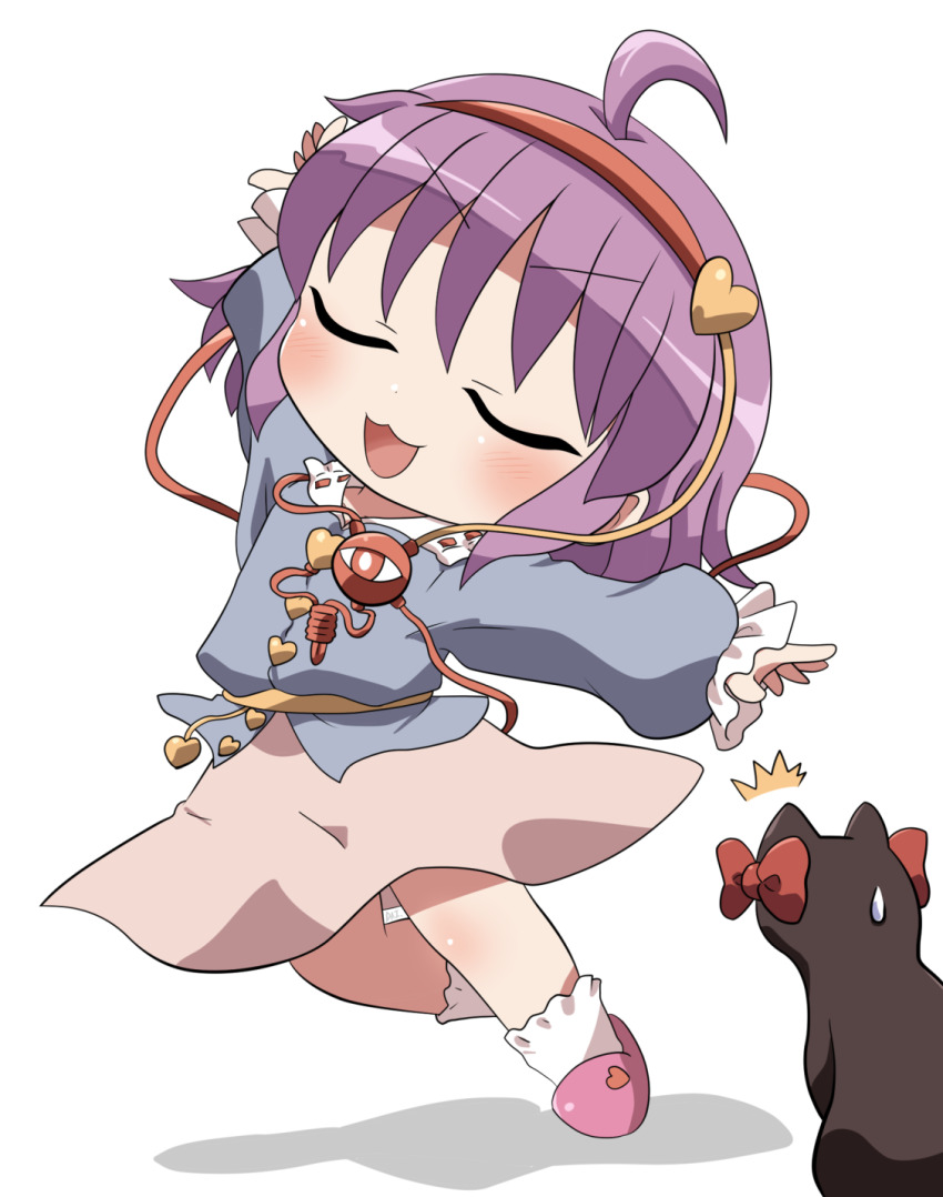 1girl :3 :d ^^^ ahoge animal arm_up blue_shirt blush cat chibi chibi_only closed_eyes collared_shirt commentary_request contrast_collar frilled_sleeves frills full_body hair_ornament hairband heart heart_hair_ornament highres kaenbyou_rin kaenbyou_rin_(cat) komeiji_satori long_sleeves open_mouth outstretched_arms pink_skirt pink_slippers purple_hair red_hairband rokugou_daisuke shirt short_hair signature simple_background skirt slippers smile socks standing standing_on_one_leg sweatdrop touhou v-shaped_eyebrows white_background white_socks