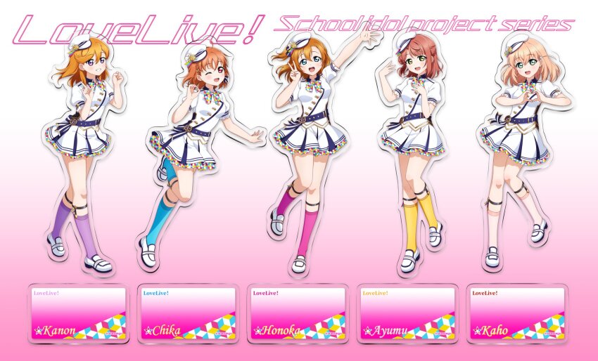 5girls :d \||/ acrylic_stand_(medium) aqua_eyes arm_up blue_bow blue_eyes blue_socks bow breasts character_name clenched_hand commentary copyright_name crossed_bangs finger_gun full_body gradient_background hair_between_eyes hair_bow hair_ornament half_updo hashtag-only_commentary hat heart heart_hands highres hinoshita_kaho kosaka_honoka leg_up legwear_garter link!_like!_love_live! long_hair love_live! love_live!_nijigasaki_high_school_idol_club love_live!_school_idol_project love_live!_sunshine!! love_live!_superstar!! medium_breasts medium_hair miniskirt multiple_girls ok_sign one_side_up open_hand open_mouth orange_hair pink_background pink_hair pink_socks pleated_skirt puffy_short_sleeves puffy_sleeves purple_eyes purple_socks rabbit_hair_ornament red_eyes shibuya_kanon shirt shoes short_sleeves skirt skirt_set smile socks starringooo swept_bangs takami_chika teeth tilted_headwear two_side_up uehara_ayumu upper_teeth_only v white_footwear white_hat white_shirt white_skirt yellow_eyes yellow_socks