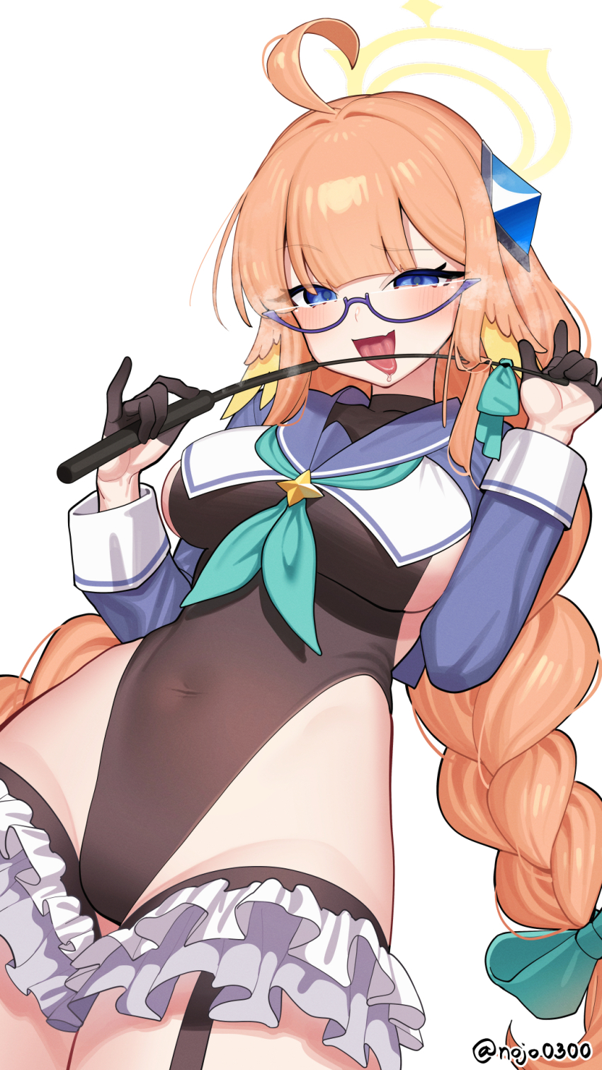 1girl 9nojo ahoge black_gloves black_leotard blue_archive blue_shrug braid braided_twintails breasts covered_navel feather_hair feathers glasses gloves half_gloves halo halter_leotard halterneck highres holding holding_riding_crop large_breasts leotard licking long_hair looking_at_viewer low_twin_braids official_alternate_costume open_mouth orange_hair riding_crop semi-rimless_eyewear shimiko_(blue_archive) shimiko_(magical)_(blue_archive) shrug_(clothing) super_highleg tongue tongue_out twin_braids under-rim_eyewear very_long_hair yellow_feathers yellow_halo