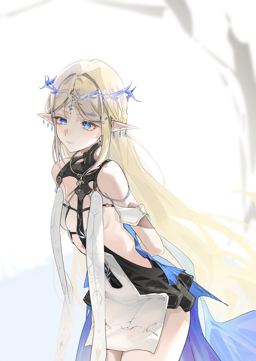 1girl absurdres arms_behind_back bare_shoulders black_collar black_dress blonde_hair blue_eyes breasts cartethyia_(wuthering_waves) closed_mouth collar commentary crown_of_thorns dress earrings highres jewelry leaning_forward leo795 long_hair looking_at_viewer necklace parted_bangs pointy_ears sidelocks small_breasts solo tabard tacet_mark_(wuthering_waves) thighs very_long_hair white_tabard wuthering_waves