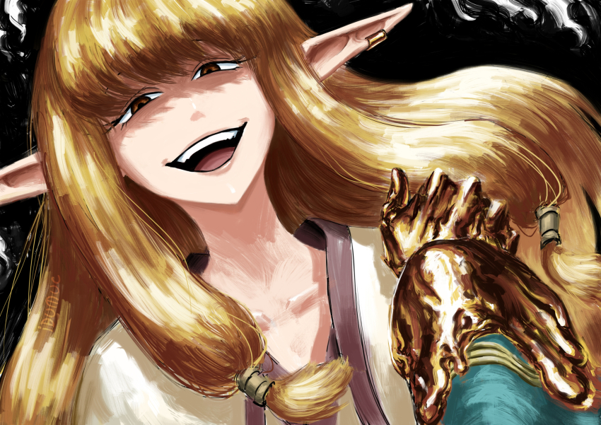 1boy 1girl blonde_hair brown_eyes collarbone comic_panel_redraw commentary derivative_work dutch_angle earrings highres ibumuc jewelry low-tied_sidelocks macht_(sousou_no_frieren) molten_metal open_mouth pointy_ears pov pov_hands serie_(sousou_no_frieren) sidelocks smile sousou_no_frieren
