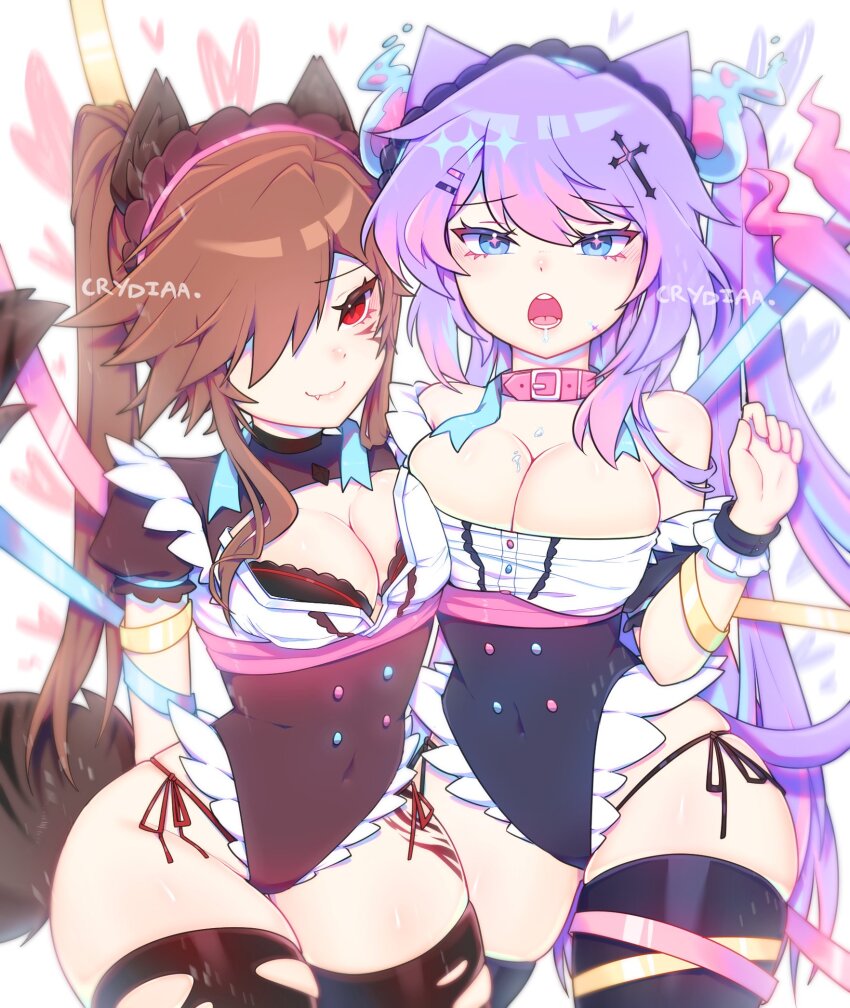 +_+ 2girls animal_ears blue_eyes bracelet breasts brown_hair cat_ears cat_girl cat_tail collar cross_hair_ornament cry_(crydiaa) crydiaa_(artist) fang hair_ornament highres indie_virtual_youtuber jewelry maid maid_headdress multiple_girls one-piece_swimsuit panties purple_hair red_eyes saliva sleepybunsu string_panties swimsuit tail thick_thighs thighhighs thighs torn_clothes torn_thighhighs underwear wolf_ears wolf_girl wolf_tail