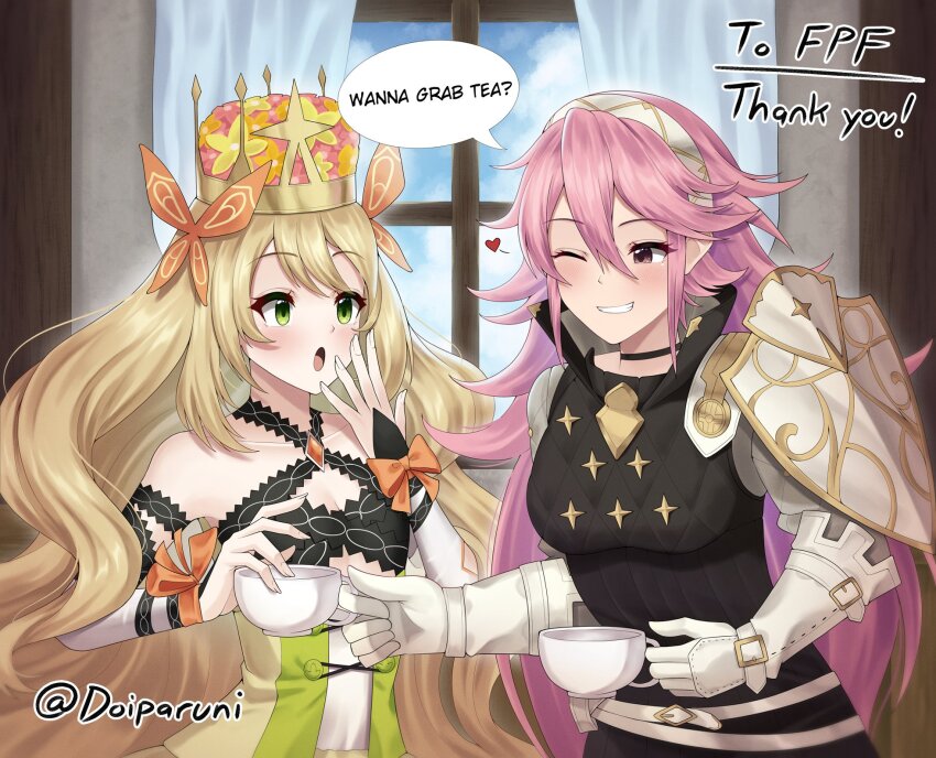 2girls :o ;d blonde_hair blush bow butterfly_hair_ornament celine_(fire_emblem) commentary commission crown cup detached_sleeves doiparuni dress english_commentary english_text fire_emblem fire_emblem_engage fire_emblem_fates flower gambeson gloves green_eyes hair_between_eyes hair_flower hair_ornament hairband heart highres holding holding_cup indoors long_hair long_sleeves looking_at_another multiple_girls nintendo one_eye_closed open_mouth orange_bow pink_eyes pink_hair smile soleil_(fire_emblem) teacup teeth thank_you twitter_username very_long_hair white_gloves white_hairband window wrist_bow yuri