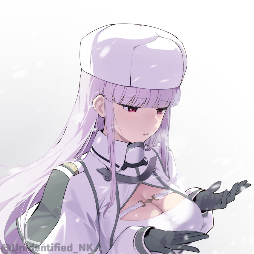 1girl absurdres black_gloves breasts capelet cleavage cleavage_cutout clothing_cutout dress fur_hat gloves hat highres kantai_collection kirov_(kancolle) large_breasts looking_down papakha pink_eyes pink_hair solo twitter_username unidentified_nk upper_body white_background white_capelet white_dress white_hat