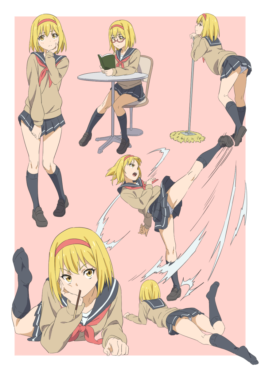 1girl alice_margatroid black_socks blonde_hair blue_sailor_collar blue_sky book border brown_footwear brown_shirt chain closed_mouth clothes_pull embarrassed food full_body glasses gyouza_(mhea5724) hairband hand_on_own_face highres holding holding_book holding_mop kneehighs loafers lolita_hairband looking_at_viewer lying miniskirt mop multiple_views neckerchief on_stomach open_mouth panties pink_background pleated_skirt pocky puffy_sleeves reading red-framed_eyewear red_hairband red_neckerchief sailor_collar semi-rimless_eyewear shirt shoes short_hair simple_background sitting skirt skirt_pull skirt_tug sky socks soles standing table the_pose touhou under-rim_eyewear underwear white_border white_panties yellow_eyes