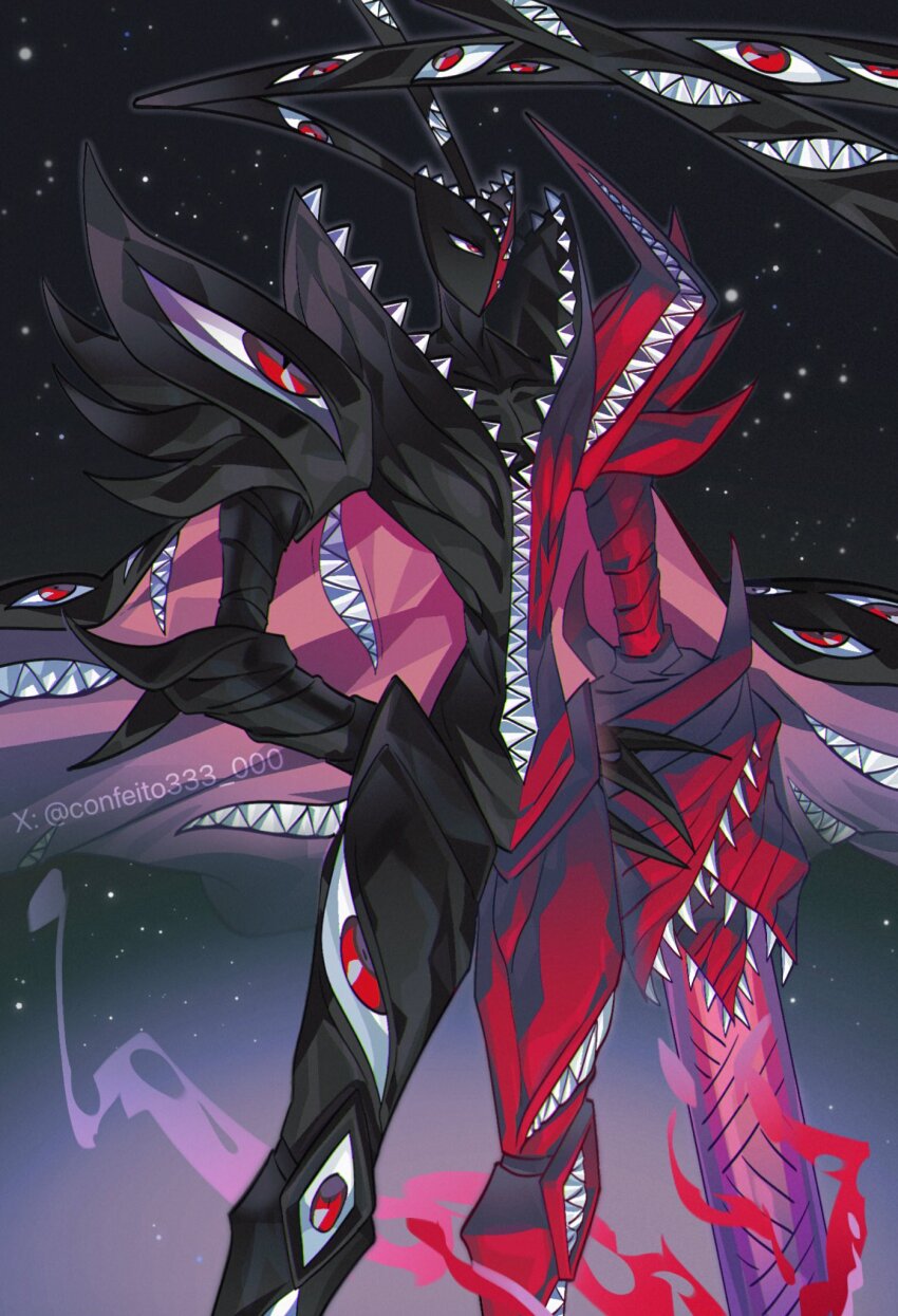 abbadomon abbadomon_core arm_cannon black_background black_skin colored_skin confeito000_333 cowboy_shot digimon digimon_(creature) extra_eyes extra_mouth gradient_background highres multicolored_skin red_eyes red_skin sharp_teeth teeth two-tone_skin weapon