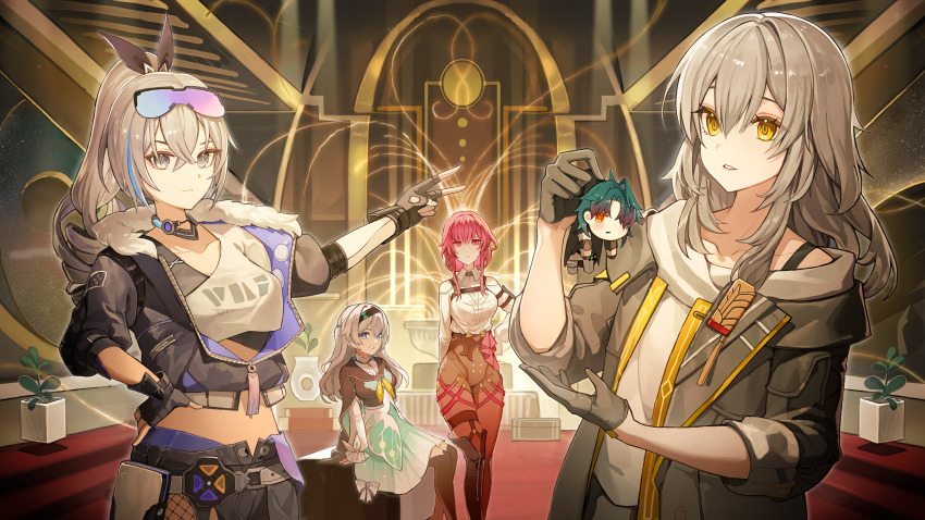 1boy 4girls absurdres black_gloves black_hair black_hairband black_jacket black_pantyhose black_shorts blade_(honkai:_star_rail) breasts collarbone dress drill_hair fingerless_gloves firefly_(honkai:_star_rail) fishnets fur-trimmed_jacket fur_trim gloves goggles goggles_on_head green_dress grey_eyes grey_hair hairband happyongdal high-waist_shorts highres holding_chibi honkai:_star_rail honkai_(series) indoors jacket kafka_(honkai:_star_rail) large_breasts long_hair midriff multiple_girls navel open_fly pantyhose plant potted_plant purple_eyes purple_hair shirt short_shorts shorts silver_wolf_(honkai:_star_rail) single_drill sitting small_breasts stairs standing stellaron_hunters_(honkai:_star_rail) stelle_(honkai:_star_rail) trailblazer_(honkai:_star_rail) v white_shirt yellow_eyes