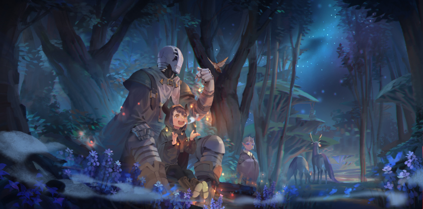 1boy 1girl bird black_hair blue_eyes blue_hair boots flower golem golem_(somali_to_mori_no_kami-sama) highres hood hoodie horned_hood horns night night_sky outdoors pointy_ears psi_(583278318) shizuno_(somali_to_mori_no_kami-sama) sitting sky somali_(somali_to_mori_no_kami-sama) somali_to_mori_no_kami-sama tree yellow_eyes