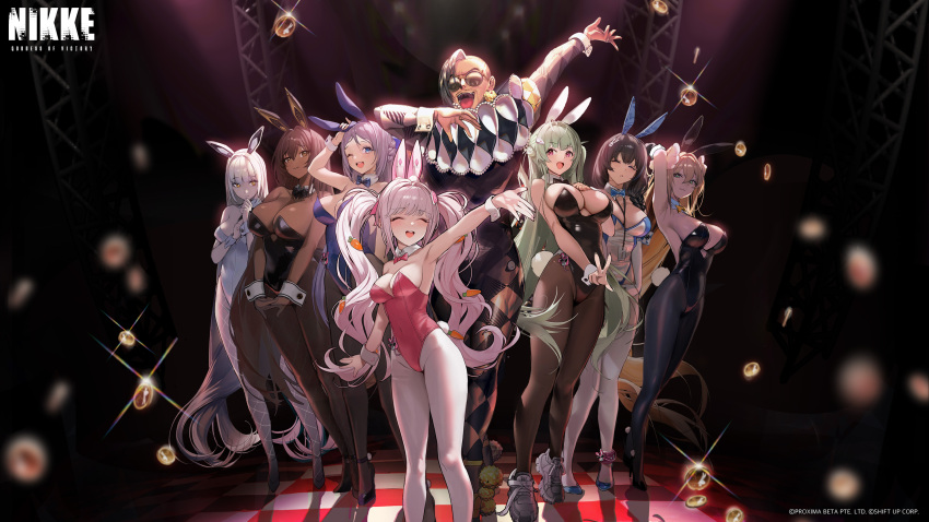 1boy 6+girls absurdres alice_(nikke) alice_(wonderland_bunny)_(nikke) animal_ears bare_shoulders black_bow black_bowtie black_hair black_leotard blanc_(nikke) blue_bow blue_bowtie bow bowtie braid breasts brown_hair closed_eyes dark-skinned_female dark_skin detached_collar fake_animal_ears fishnet_pantyhose fishnets folkwang_(moist_rabbit)_(nikke) folkwang_(nikke) goddess_of_victory:_nikke hair_ornament highres lanyard large_breasts leotard long_hair mary_(medical_rabbit)_(nikke) mary_(nikke) medium_breasts multiple_girls mustang_(nikke) noir_(nikke) official_art official_wallpaper open_mouth pantyhose pink_bow pink_bowtie pink_leotard playboy_bunny rabbit_ears rupee_(nikke) rupee_(rabbit_deluxe)_(nikke) small_breasts smile soda_(nikke) soda_(twinkling_bunny)_(nikke) strapless strapless_leotard very_long_hair white_hair white_leotard white_pantyhose wrist_cuffs yellow_eyes