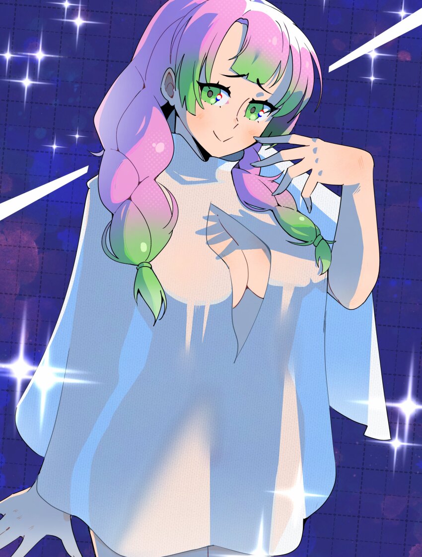 1girl absurdres alternate_costume blush braid breasts cleavage_cutout closed_eyes closed_mouth clothing_cutout commentary english_commentary ghost_costume gjh green_hair halloween_costume highres kanroji_mitsuri kimetsu_no_yaiba large_breasts long_hair looking_at_viewer multicolored_hair pink_hair smile solo twin_braids two-tone_hair