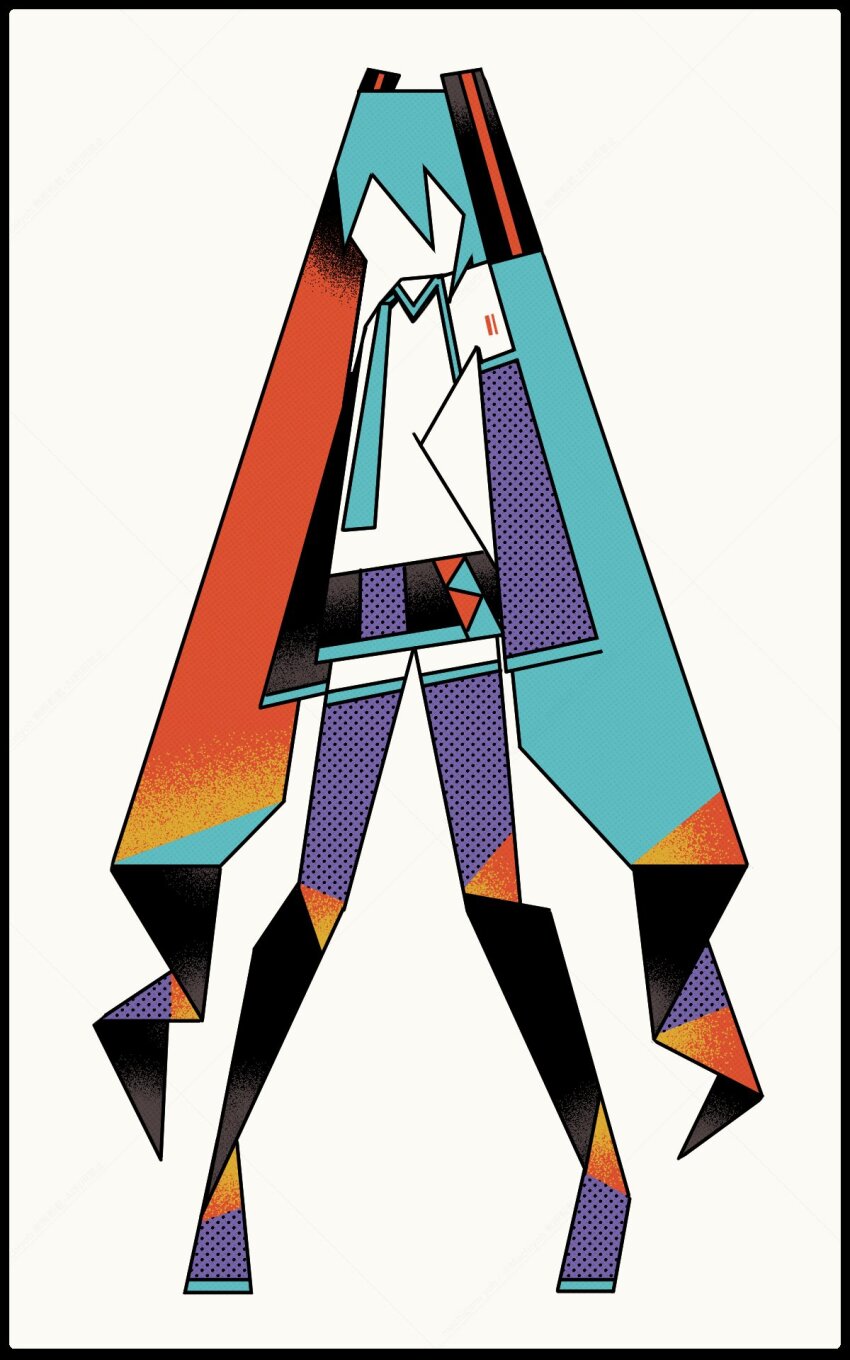 1girl aqua_hair aqua_necktie arms_at_sides black_skirt boots detached_sleeves full_body hatsune_miku highres legs_apart long_hair long_sleeves machigami_yoh miniskirt multicolored_hair necktie orange_hair shirt simple_background skirt sleeves_past_fingers sleeves_past_wrists solo standing thigh_boots thighhighs twintails very_long_hair vocaloid vocaloid_boxart_pose white_background white_shirt zettai_ryouiki