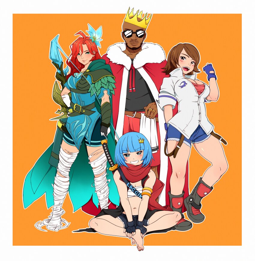 1boy 3girls :d absurdres ahoge bald bandaged_leg bandages bare_shoulders barefoot belt black_cloak black_gloves black_shirt blue_eyes blue_gloves blue_hair blunt_bangs blush boots border bow_(weapon) breasts brown_eyes brown_hair cape chest_sarashi cleavage cloak closed_mouth collared_shirt commentary crown crown_hair_ornament dark-skinned_male dark_skin denim denim_shorts dota_(series) dota_2 english_commentary feather-trimmed_cape fingerless_gloves flower full_body fur-trimmed_cape fur_trim gauntlets gloves green_cape green_eyes grin hair_flower hair_ornament hand_on_own_hip hands_on_feet highres jewelry katana kazama_asuka klaudsanart lacari_(gamer) large_breasts long_hair looking_at_viewer multiple_girls navel no_shoes open_mouth orange_background orange_hair original outline red_cape ring sarashi second-party_source sheath sheathed shirt short_hair short_shorts short_sleeves shorts simple_background single_gauntlet single_shoulder_pad sitting small_breasts smile standing stomach sunglasses suspender_shorts suspenders sword teeth tekken tekken_7 upper_teeth_only weapon white_border white_outline white_shirt windranger_(dota)