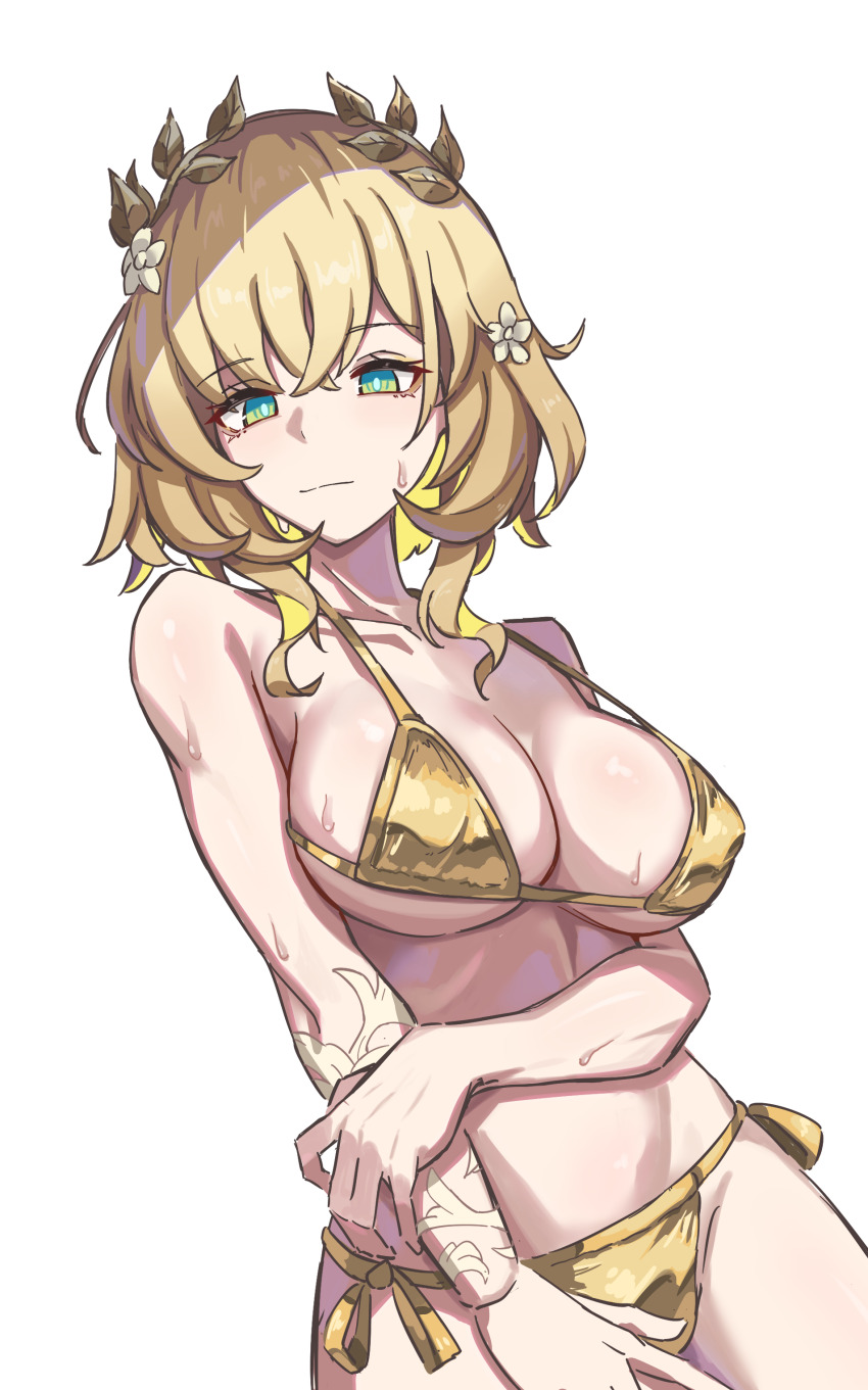 1girl absurdres aglaea_(honkai:_star_rail) arm_under_breasts bikini blonde_hair breasts cleavage commentary cowboy_shot flower gold_bikini green_eyes hair_flower hair_ornament highres honkai:_star_rail honkai_(series) large_breasts laurel_crown looking_at_viewer short_hair side-tie_bikini_bottom solo stomach sweatdrop swimsuit thighs usa_bunny white_background