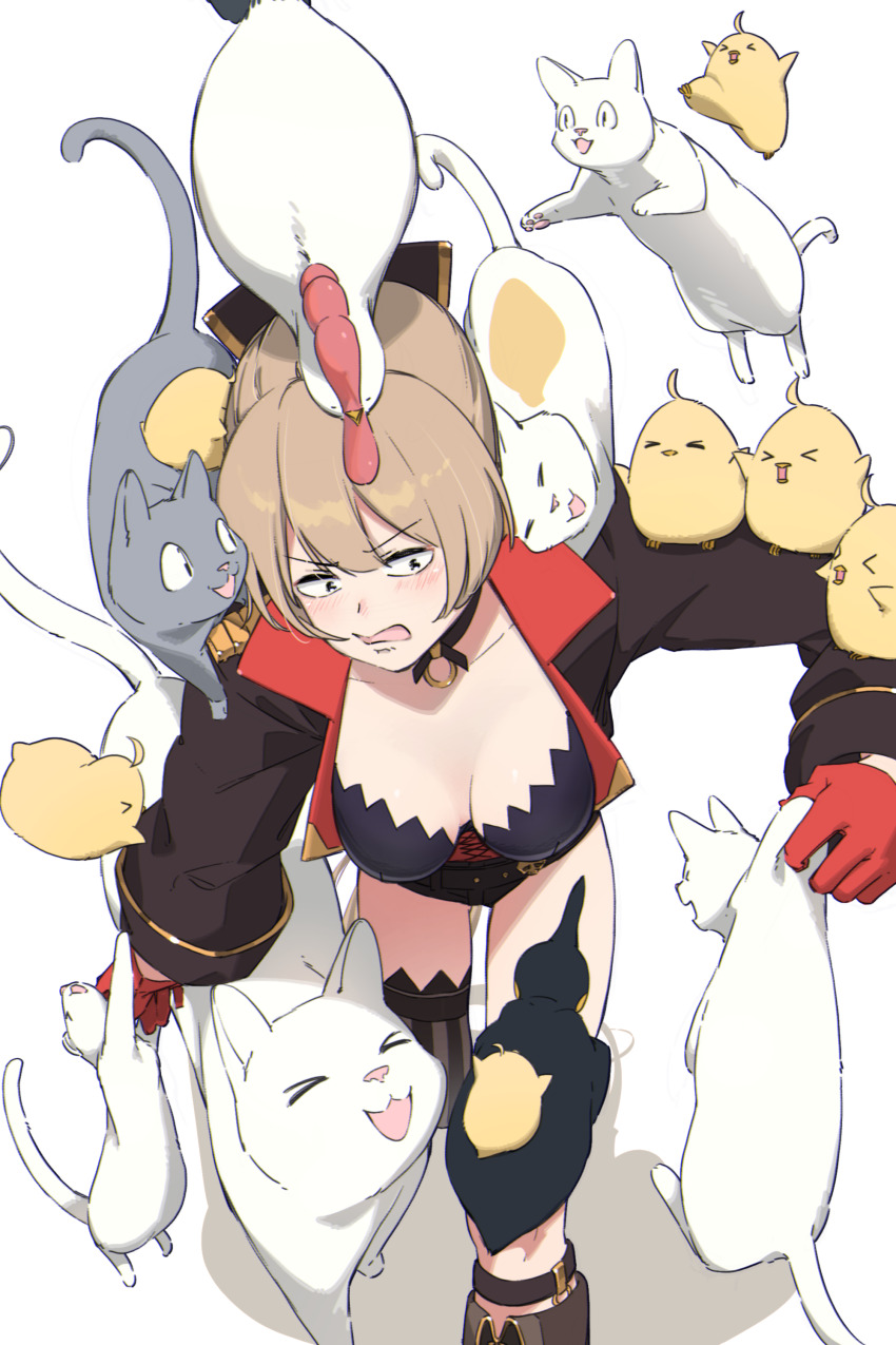 &gt;_&lt; 1girl absurdres animal animal_on_head animal_on_shoulder asymmetrical_footwear azur_lane baby_animal bird black_choker black_shorts boots breasts brown_hair cat chick choker cleavage collarbone gloves hair_between_eyes half_gloves hatski.sin highres jacket jean_bart_(azur_lane) long_sleeves manjuu_(azur_lane) medium_breasts on_head open_mouth ponytail red_gloves short_shorts shorts simple_background single_thighhigh thighhighs too_many white_background white_cat