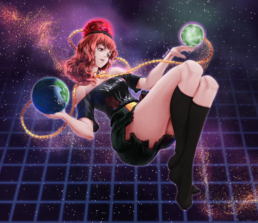 1girl absurdres belt black_shirt black_socks chain clothes_writing earth_(ornament) feet grid hecatia_lapislazuli highres klabisot legs moon_(ornament) multicolored_skirt no_shoes off-shoulder_shirt off_shoulder open_mouth plaid_clothes plaid_skirt red_eyes red_hair shirt skirt socks solo space toes touhou