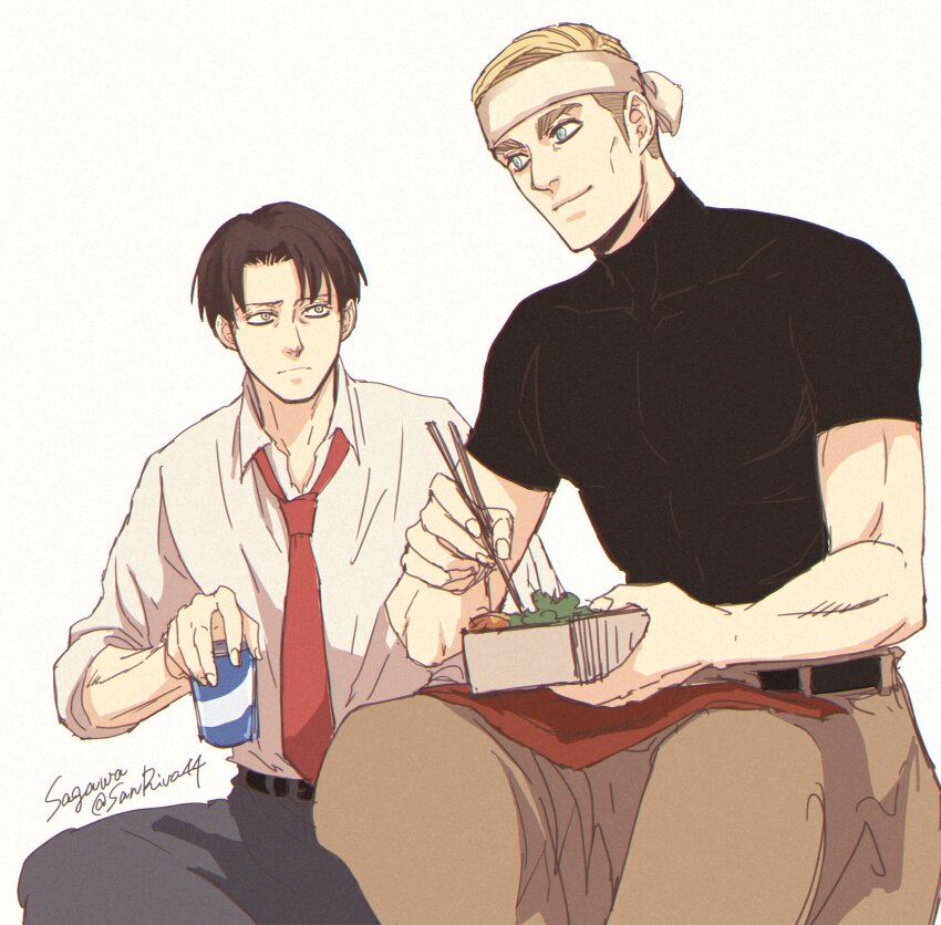 2boys absurdres artist_name belt bento black_belt black_hair black_shirt blonde_hair blue_eyes brown_pants can chopsticks collared_shirt erwin_smith grey_pants headband highres holding holding_bento holding_can holding_chopsticks levi_(shingeki_no_kyojin) looking_at_another male_focus mskei multiple_boys necktie pants parted_bangs red_necktie shingeki_no_kyojin shirt short_hair sitting sleeves_rolled_up thick_eyebrows twitter_username white_background white_headband white_shirt