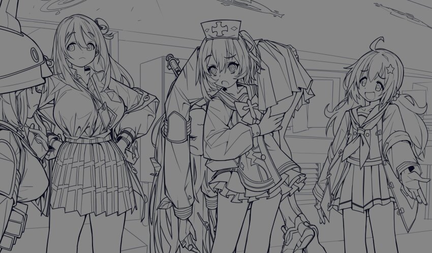 5girls absurdres ahoge blue_archive breasts carrying carrying_over_shoulder carrying_person hair_ornament halo hat heavy_(tf2) helmet highres indoors injection jacket lanyard leaf leaf_on_head long_hair long_sleeves medic_(tf2) miyu_(blue_archive) monochrome multiple_girls nonomi_(blue_archive) nurse_cap open_mouth parody plaid_clothes plaid_skirt pleated_skirt reisa_(blue_archive) saki_(blue_archive) school_uniform scout_(tf2) serafuku serina_(blue_archive) skirt sniper_(tf2) soldier_(tf2) star_(symbol) star_hair_ornament syringe team_fortress_2 twintails waa153