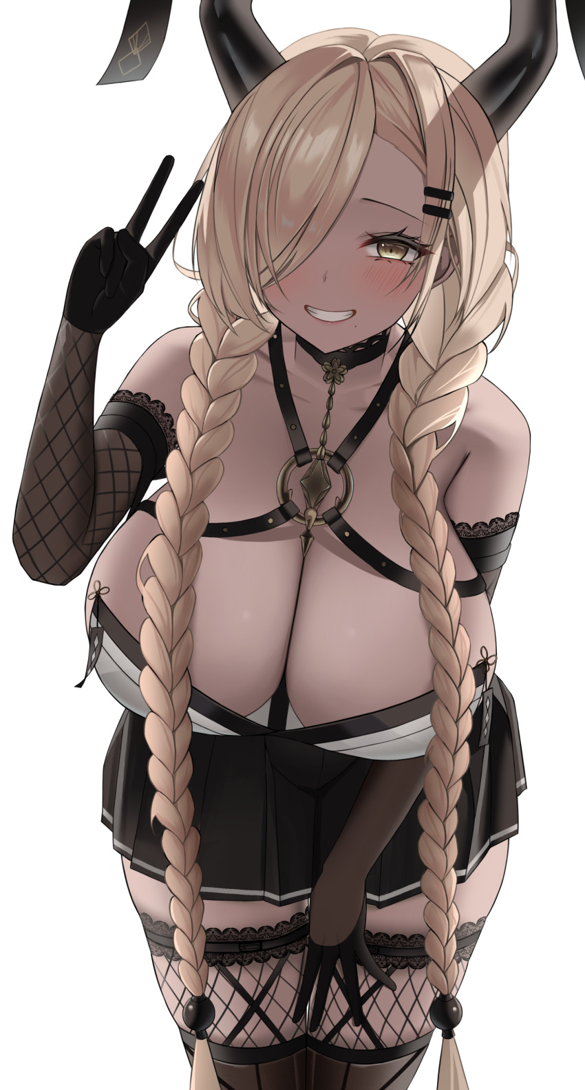 1girl absurdres asymmetrical_bangs azur_lane blonde_hair braid breasts cleavage dark-skinned_female dark_skin grin hair_over_one_eye highres horns jewelry large_breasts large_horns long_bangs long_hair looking_at_viewer mole mole_under_mouth owari_(azur_lane) smile solo twin_braids very_long_hair wynnblue yellow_eyes