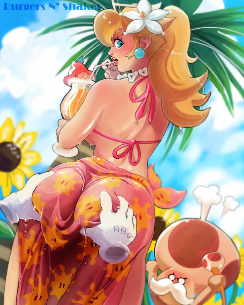1girl absurdres ass ass_grab beach bikini blonde_hair blue_eyes burgersnshakes cup curvy drinking_glass earrings flower flower_collar hair_flower hair_ornament highres huge_ass jewelry lips long_hair looking_at_viewer mario_(series) nintendo outdoors palm_tree princess_peach super_mario_bros._1 swimsuit toadsworth tree wide_hips