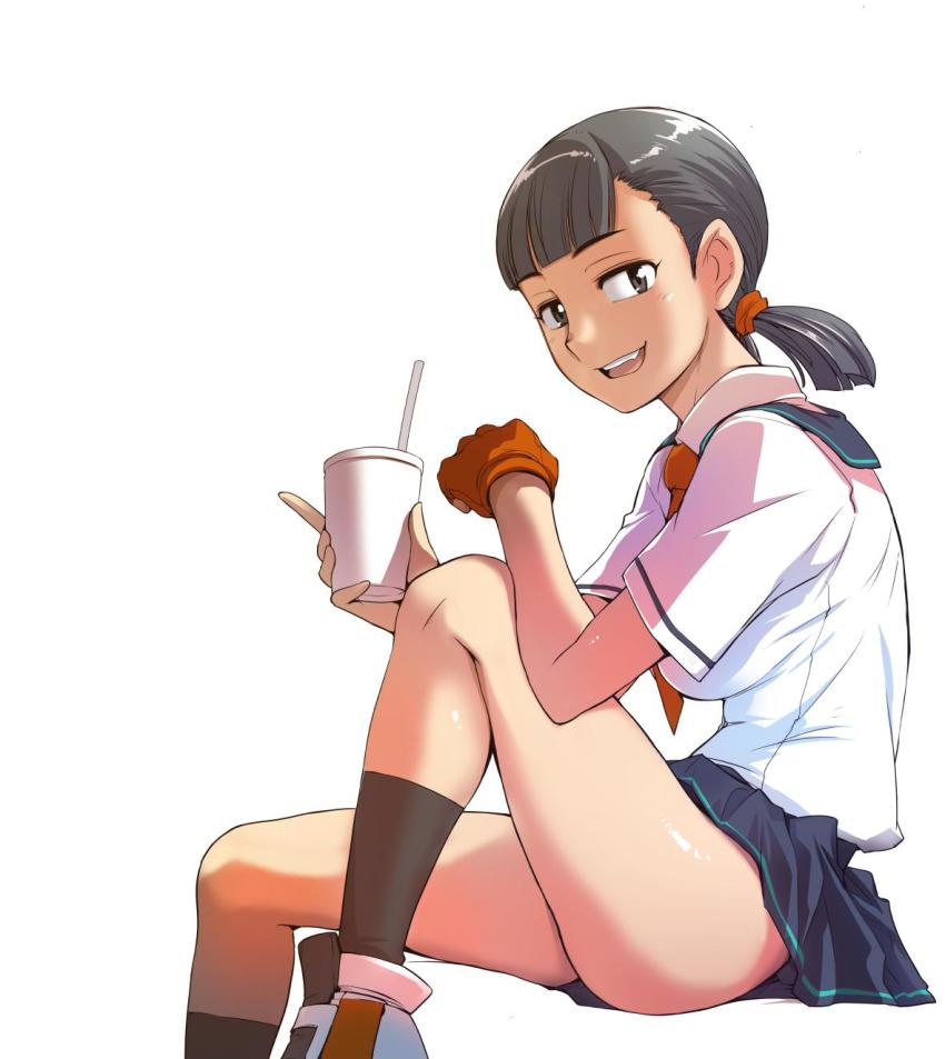 1girl black_socks blue_sailor_collar blue_skirt blunt_bangs commentary_request cup drinking_straw ez6 gloves grey_eyes grey_hair highres holding holding_cup knee_up kneehighs looking_at_viewer looking_to_the_side medium_hair miniskirt necktie original pleated_skirt red_gloves red_necktie sailor_collar school_uniform serafuku shirt shirt_tucked_in short_sleeves short_twintails simple_background single_glove sitting skirt socks solo thighs twintails white_background white_footwear white_shirt