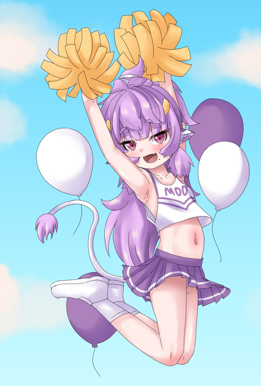 1girl animal_ears armpits balloon blush cheerleader collarbone cow_ears cow_tail crop_top equus_ignis highres horns jumping legs_up loli long_hair looking_at_viewer mole muu_muyu navel open_mouth phase_connect pom_pom_(cheerleading) purple_hair red_eyes shoes skirt socks solo tail virtual_youtuber