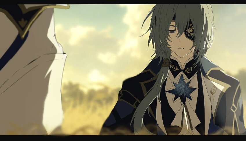 2boys anaxa_(honkai:_star_rail) aqua_hair ascot black_border black_jacket blue_eyes border coat earrings eyepatch gumi_min08 half-closed_eyes highres honkai:_star_rail honkai_(series) jacket jewelry lapels letterboxed male_focus mandarin_collar medium_hair multiple_boys notched_lapels one_eye_covered out_of_frame parted_lips phainon_(honkai:_star_rail) shirt side_ponytail single_earring teeth upper_body white_ascot white_coat white_shirt