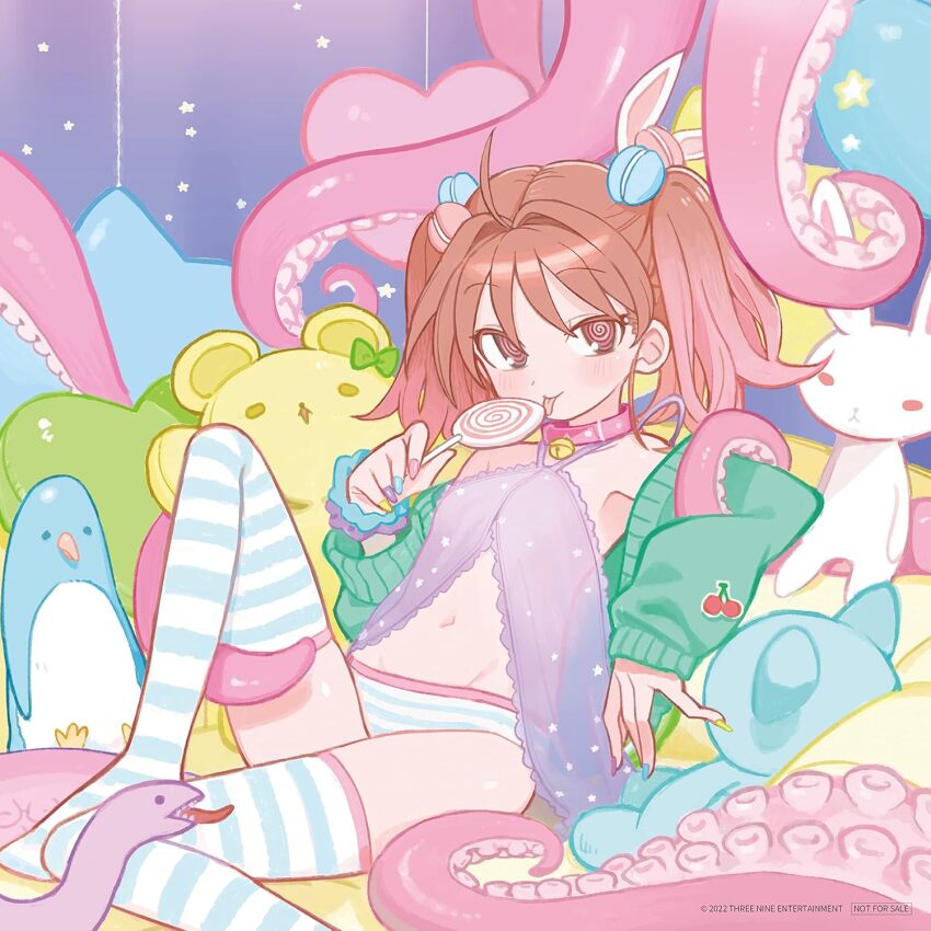 1girl @_@ ahoge album_cover animal_collar bell blush brown_eyes brown_hair candy cherry collar cover flat_chest food food-themed_hair_ornament fruit green_jacket hair_intakes hair_ornament halterneck highres holding holding_candy holding_food holding_lollipop jacket jingle_bell knee_up kokaki_mumose kotoko_(singer) licking lollipop looking_at_viewer macaron_hair_ornament multicolored_nails nail_polish neck_bell off_shoulder official_art panties parted_hair real_life reclining scrunchie sitting snake solo star_(symbol) striped_clothes striped_panties striped_thighhighs stuffed_animal stuffed_toy swirl_lollipop tentacles textless_version thighhighs thighs third-party_source tongue tongue_out twintails underwear wrist_scrunchie
