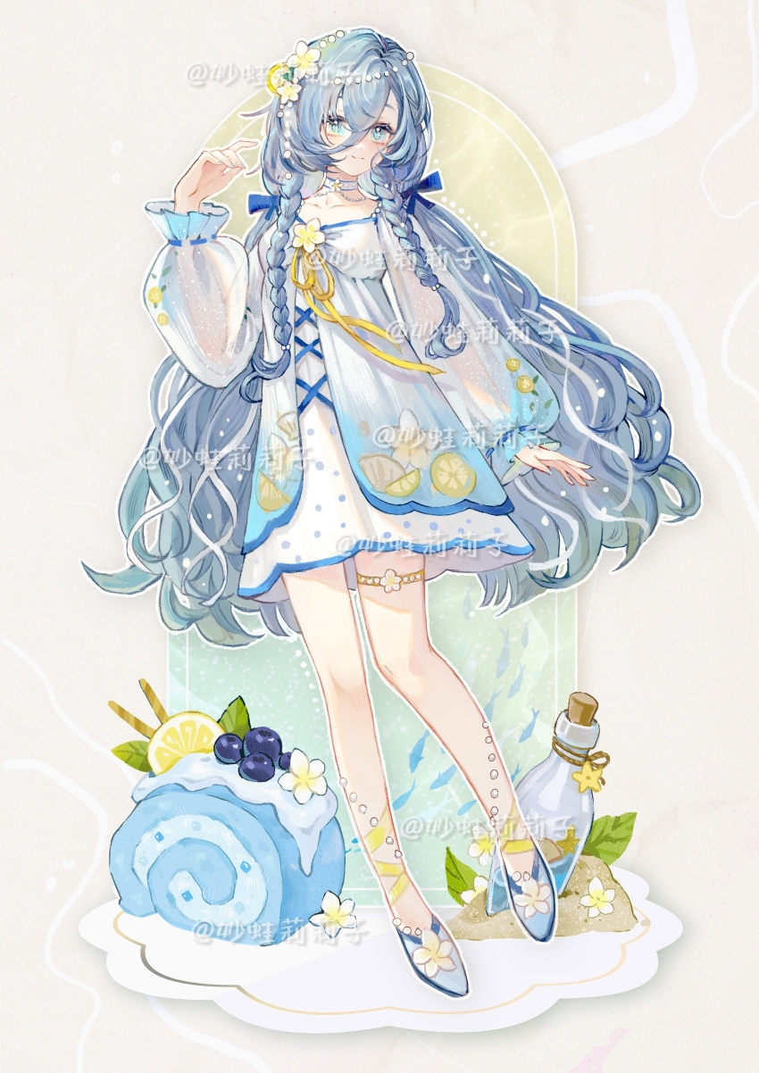 1girl 37_(reverse:1999) absurdres alternate_costume artist_name blue_hair blue_ribbon blue_shoes blueberry bottle braided_sidelocks cake dress flower food foot_up fruit full_body grey_background hair_between_eyes hair_flower hair_ornament hair_ribbon hand_up highres leg_ribbon lemon lemon_slice long_hair long_sleeves low_twintails miaowa_lilizi plumeria puffy_long_sleeves puffy_sleeves reverse:1999 ribbon shoes short_dress smile solo sparkling_eyes standing standing_on_one_leg swiss_roll thigh_strap twintails very_long_hair wafer_stick watermark white_dress yellow_flower yellow_ribbon