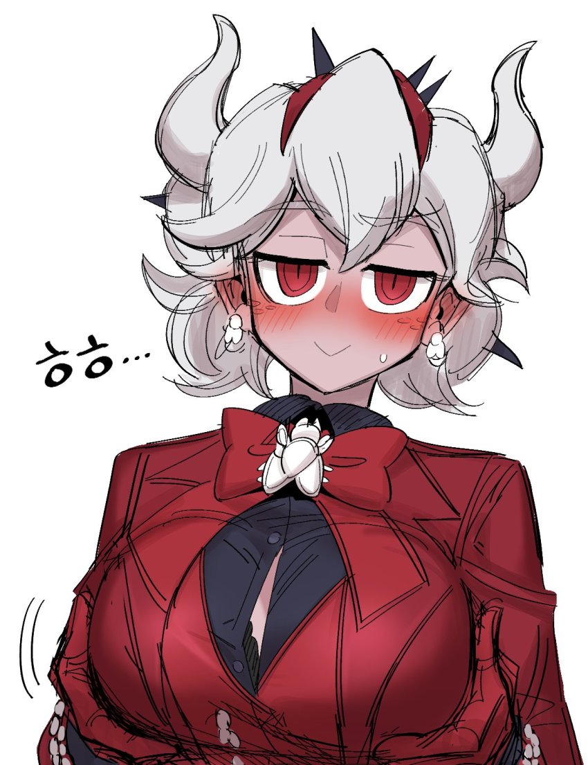 1girl beelzebub_(helltaker) black_bra black_shirt blush bow bowtie bra breast_hold breasts bug demon_girl demon_horns earrings fly formal_clothes gloves helltaker highres horns insect jewelry large_breasts looking_at_viewer medium_hair multiple_views red_eyes red_gloves red_hair red_suit shirt suit underwear vest waistcoat white_hair wootsang